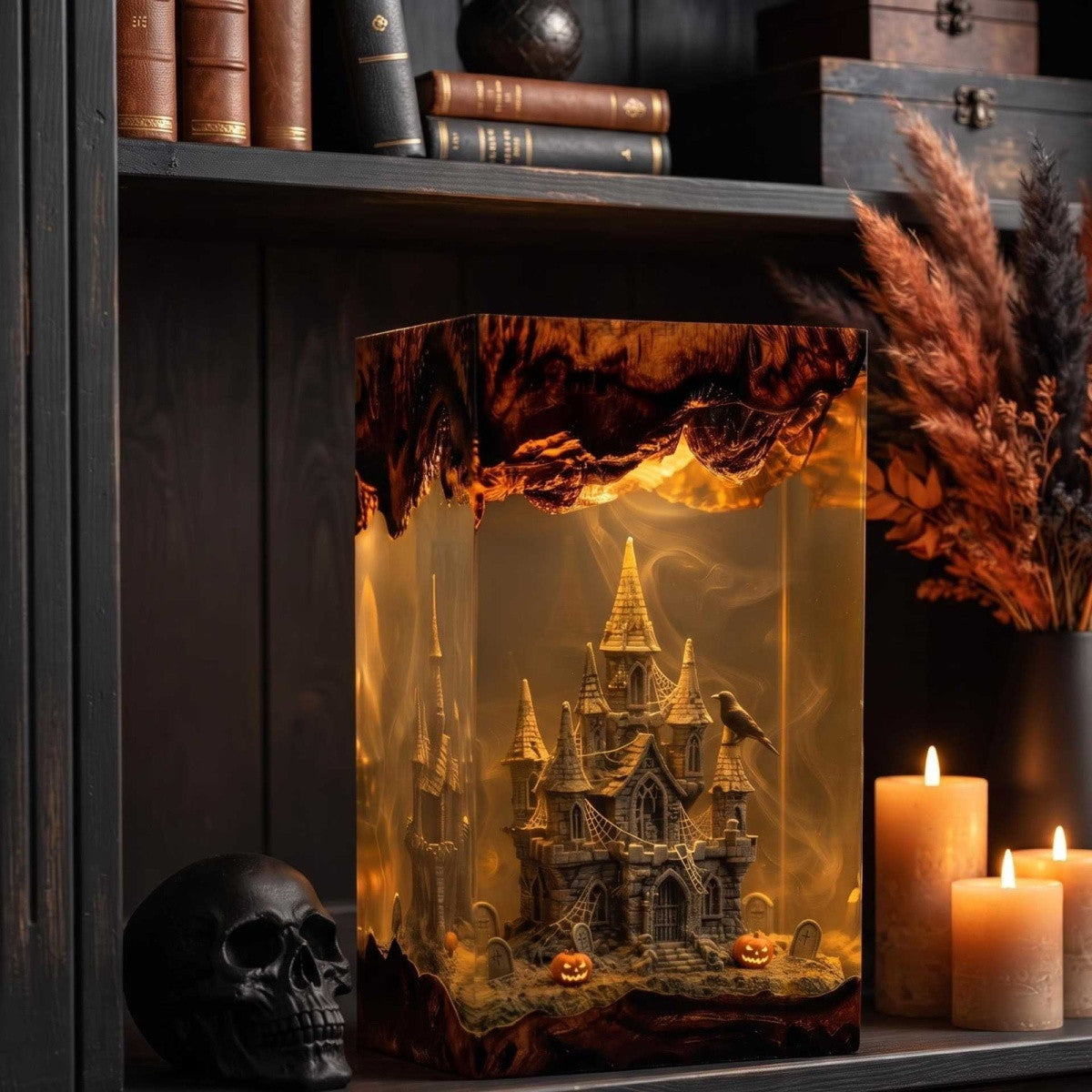 Handmade Gothic Haunted Castle Resin Lamp – Spooky Halloween Manor Night Light & Witchy Decor Gift