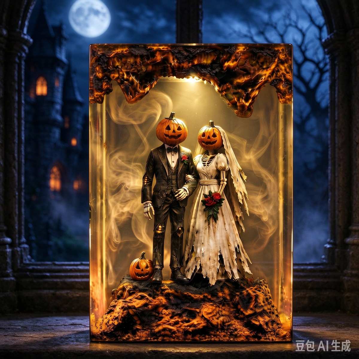 Handmade Gothic Pumpkin Wedding Resin Lamp – Spooky Bride & Groom Night Light, Couple Gift