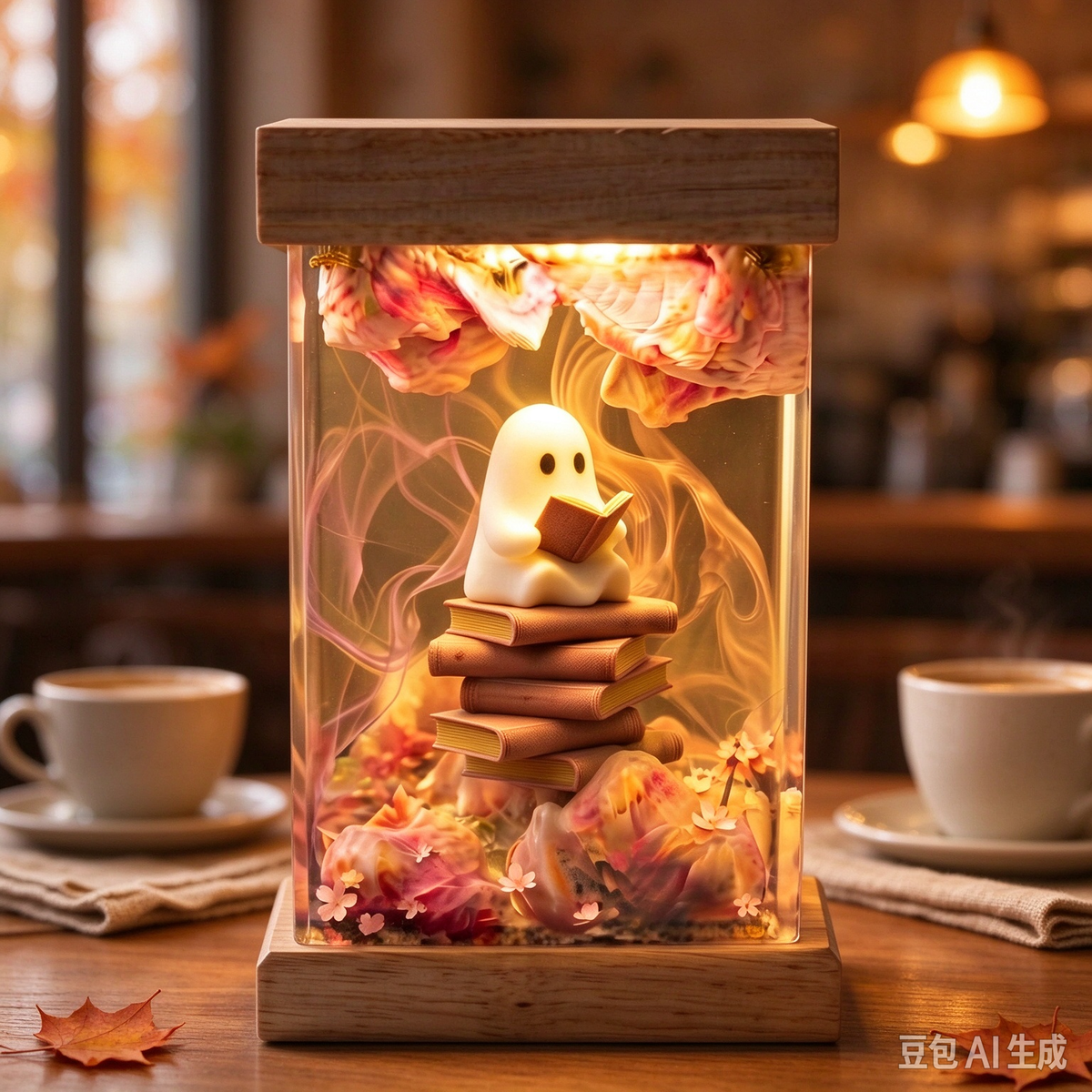 Cute Reading Ghost Resin Lamp – Cozy Book Lover Night Light & Floral Diorama