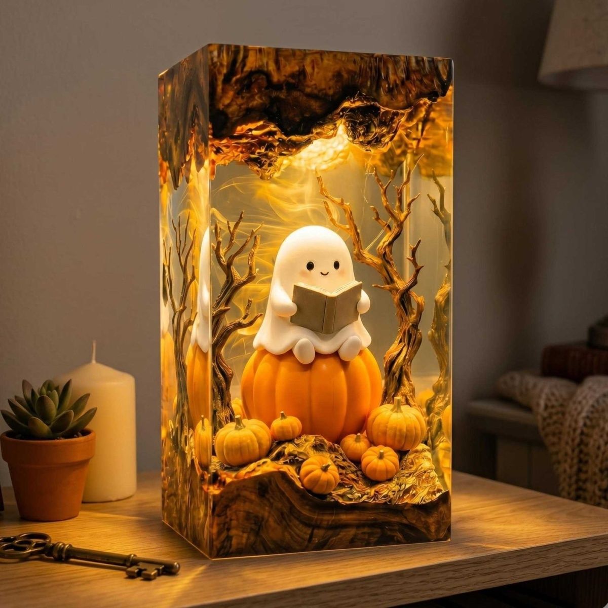 Handmade Ghost Reading on Pumpkin Resin Lamp – Cozy Halloween Night Light