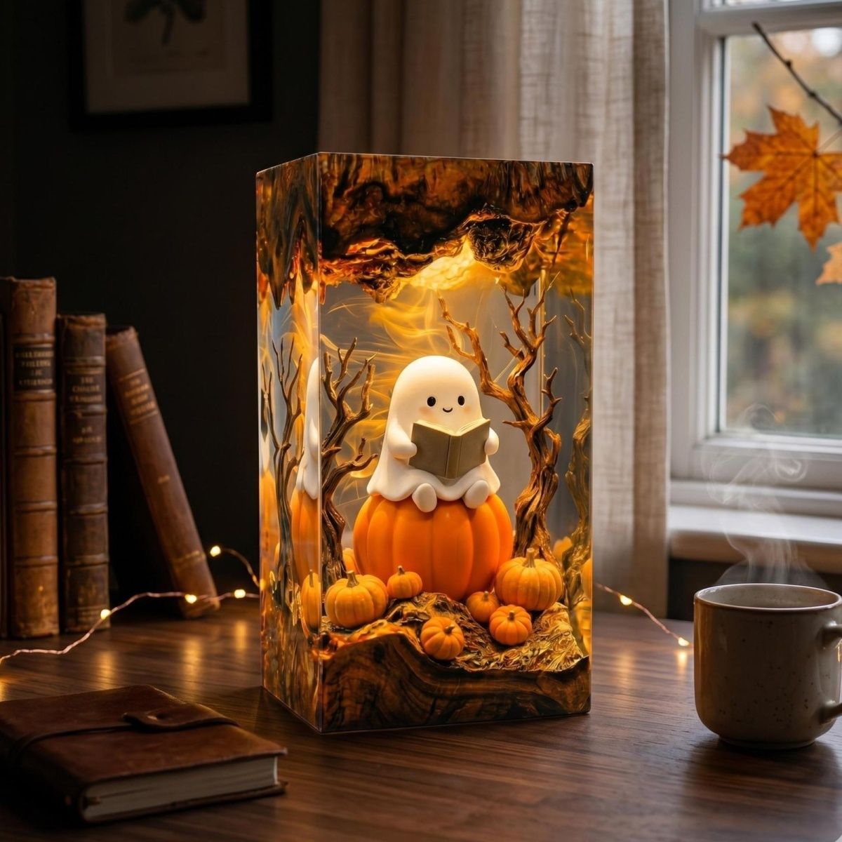Handmade Ghost Reading on Pumpkin Resin Lamp – Cozy Halloween Night Light