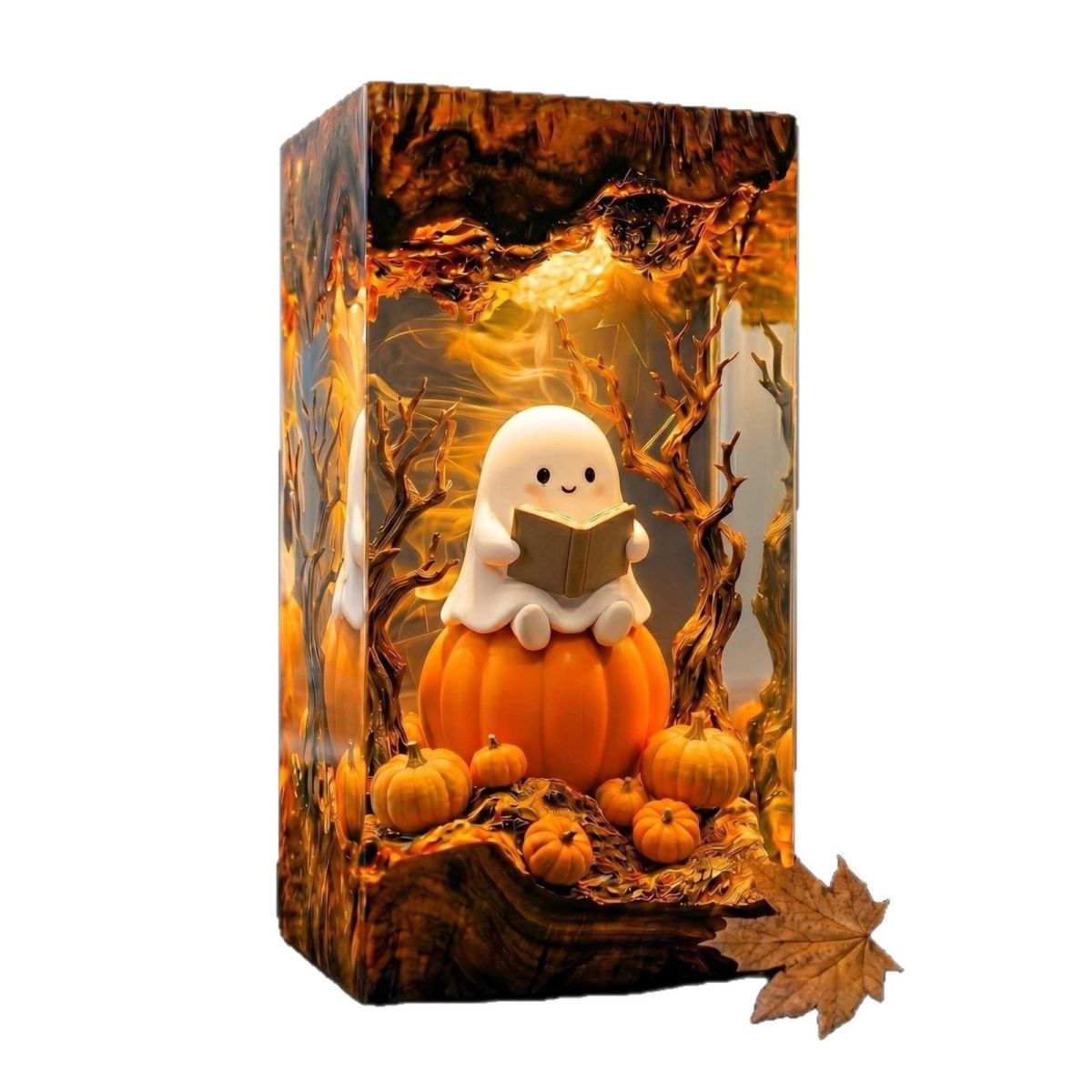 Handmade Ghost Reading on Pumpkin Resin Lamp – Cozy Halloween Night Light