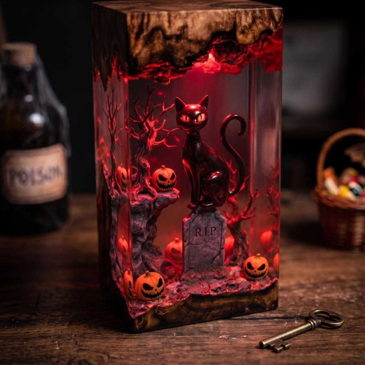Handmade Gothic Halloween Black Cat Resin Lamp - Spooky Pumpkin & Tombstone Night Light
