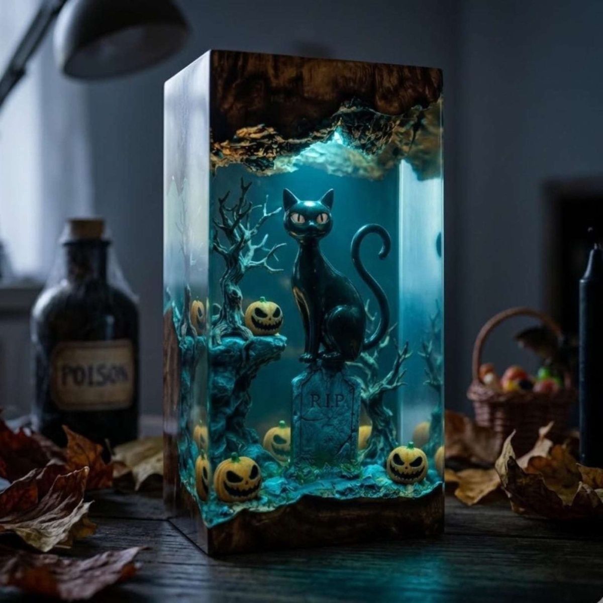 Handmade Gothic Halloween Black Cat Resin Lamp - Spooky Pumpkin & Tombstone Night Light