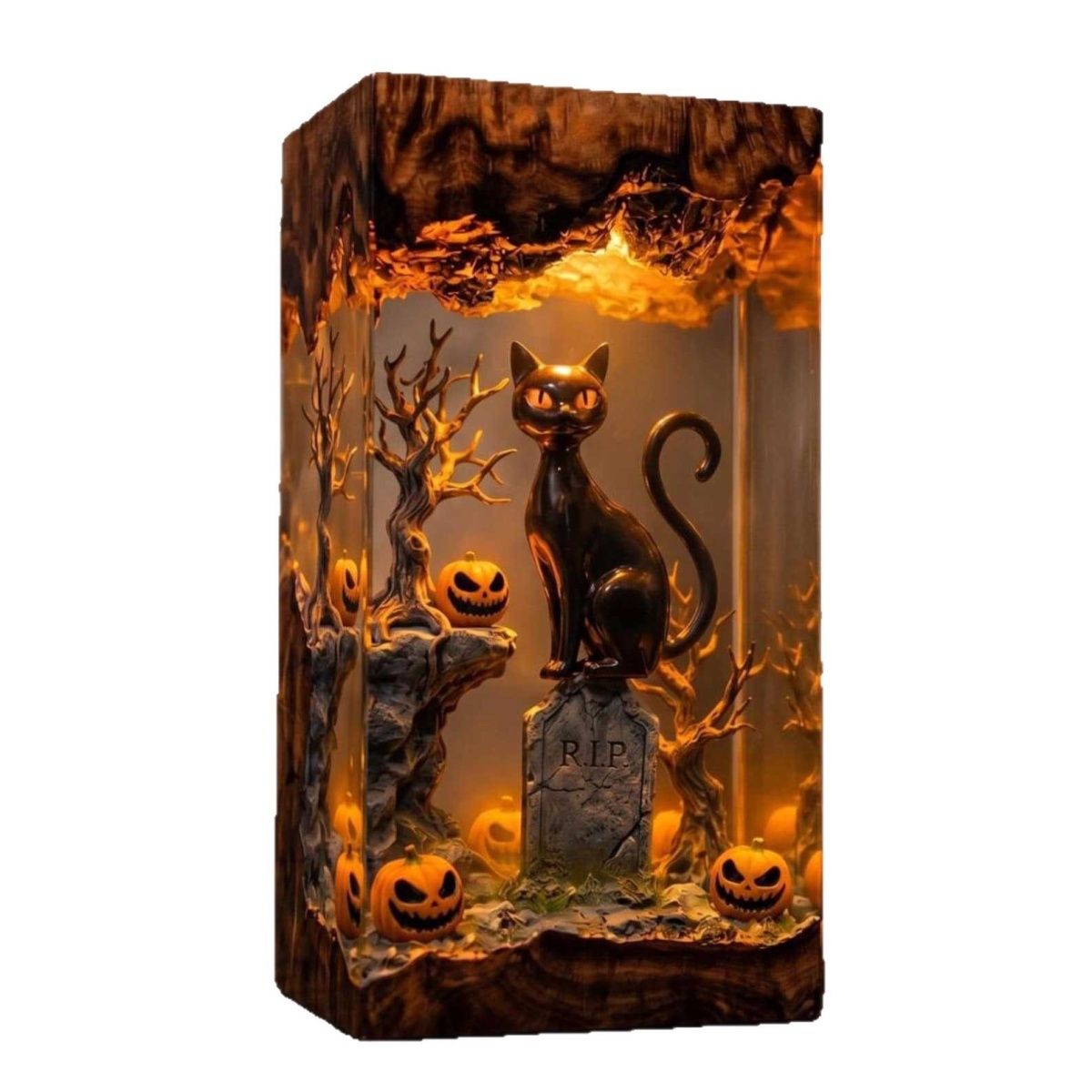 Handmade Gothic Halloween Black Cat Resin Lamp - Spooky Pumpkin & Tombstone Night Light