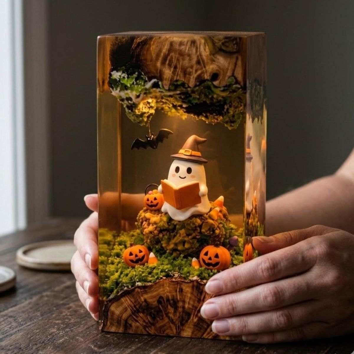 Handmade Ghost Reading on Pumpkin Resin Lamp - Cozy Halloween Night Light & Book Lover Gift