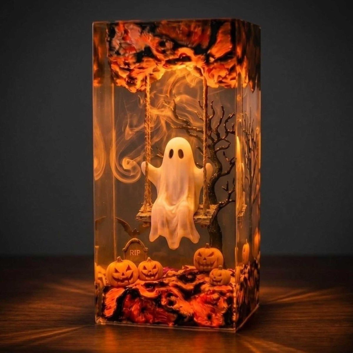 Handmade Swing Ghost Resin Lamp – Cozy Halloween Night Light & Spooky Gift