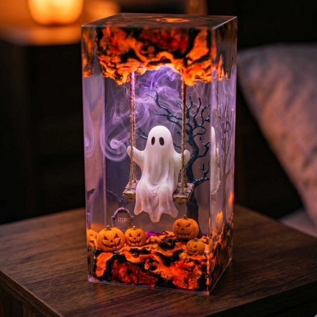 Handmade Swing Ghost Resin Lamp – Cozy Halloween Night Light & Spooky Gift