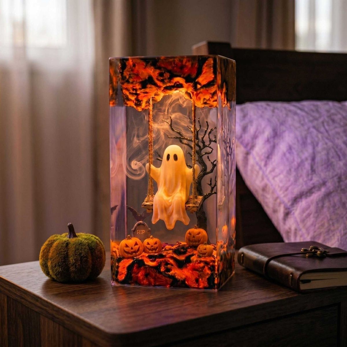 Handmade Swing Ghost Resin Lamp – Cozy Halloween Night Light & Spooky Gift