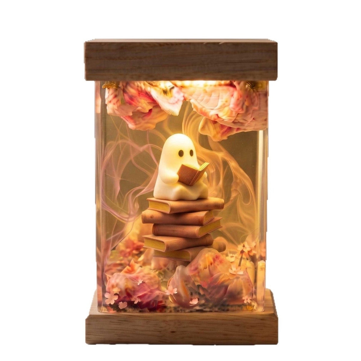 Cute Reading Ghost Resin Lamp – Cozy Book Lover Night Light & Floral Diorama