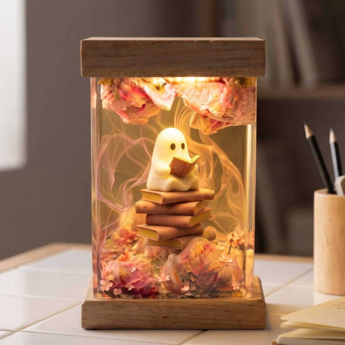 Cute Reading Ghost Resin Lamp – Cozy Book Lover Night Light & Floral Diorama