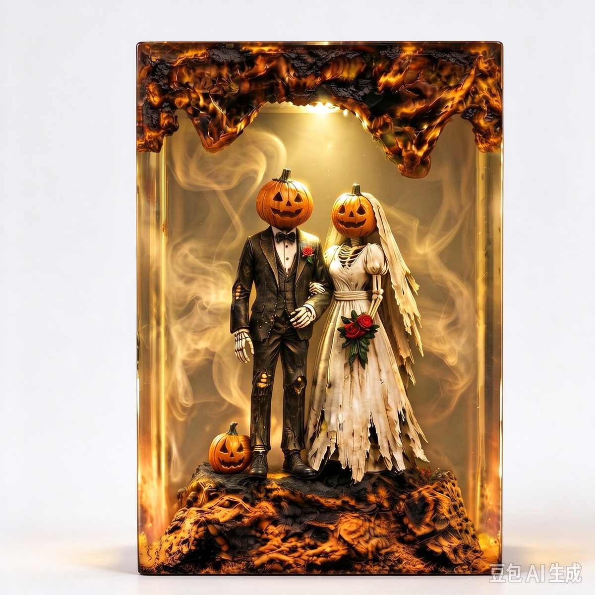 Handmade Gothic Pumpkin Wedding Resin Lamp – Spooky Bride & Groom Night Light, Couple Gift