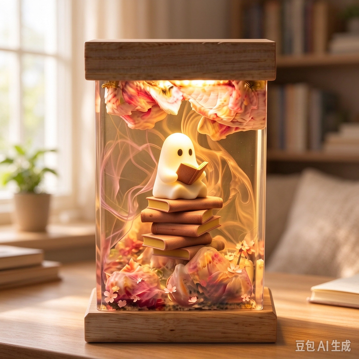 Cute Reading Ghost Resin Lamp – Cozy Book Lover Night Light & Floral Diorama