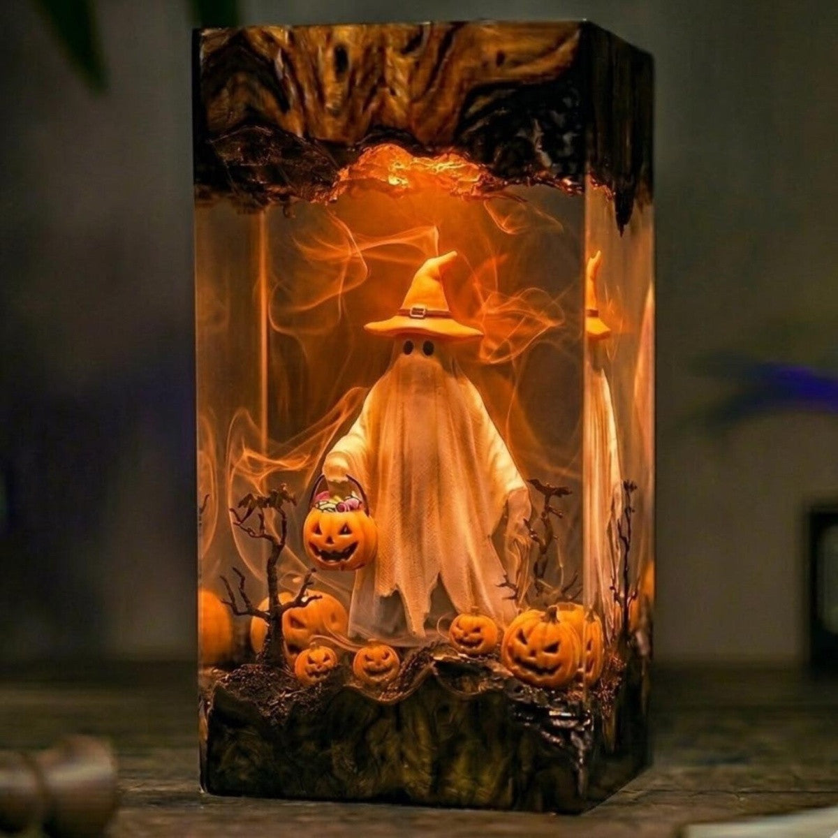 Handmade Trick-or-Treat Witch Ghost Resin Lamp – Spooky Halloween Pumpkin Night Light & Cute Fall Gift