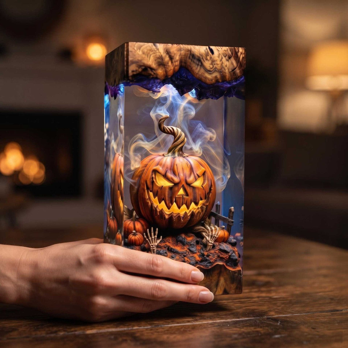 Handmade Spooky Jack-o'-Lantern Resin Lamp – Gothic Halloween Pumpkin Night Light & Horror Decor Gift
