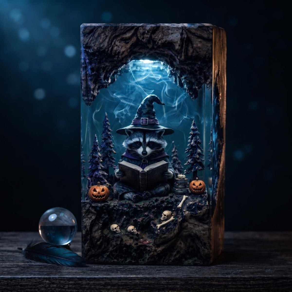 Handmade Wizard Raccoon Reading Resin Lamp – Enchanted Halloween Night Light & Book Lover Gift