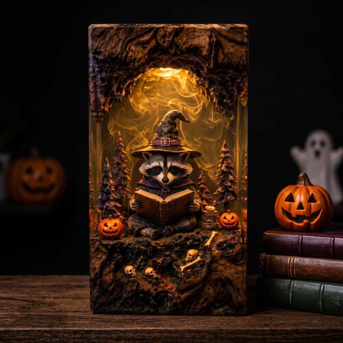 Handmade Wizard Raccoon Reading Resin Lamp – Enchanted Halloween Night Light & Book Lover Gift
