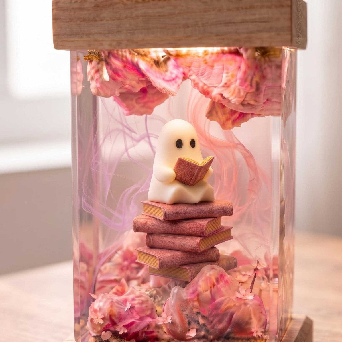 Cute Reading Ghost Resin Lamp – Cozy Book Lover Night Light & Floral Diorama