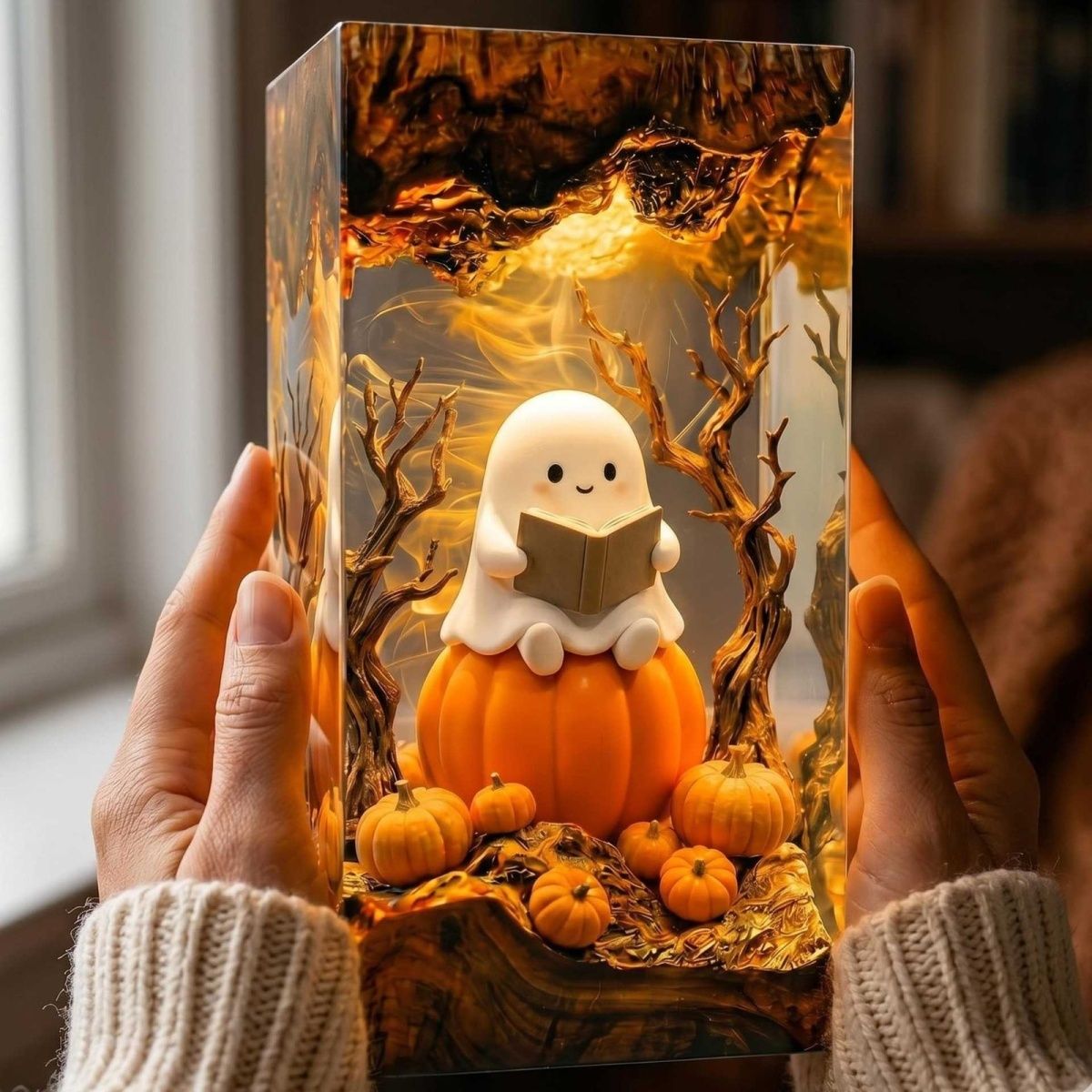 Handmade Ghost Reading on Pumpkin Resin Lamp – Cozy Halloween Night Light