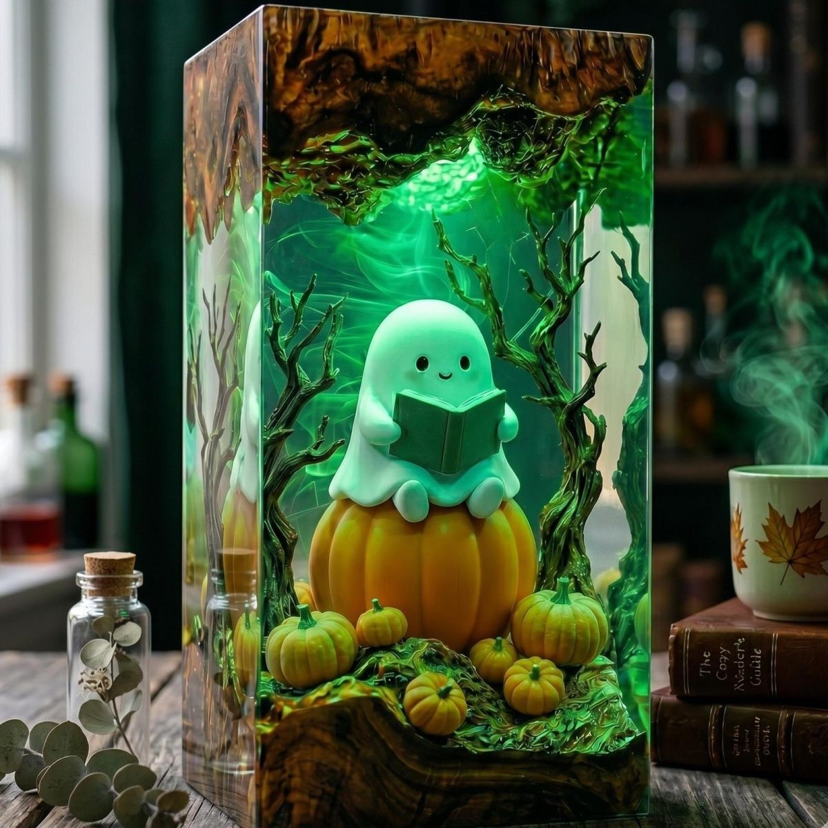 Handmade Ghost Reading on Pumpkin Resin Lamp – Cozy Halloween Night Light