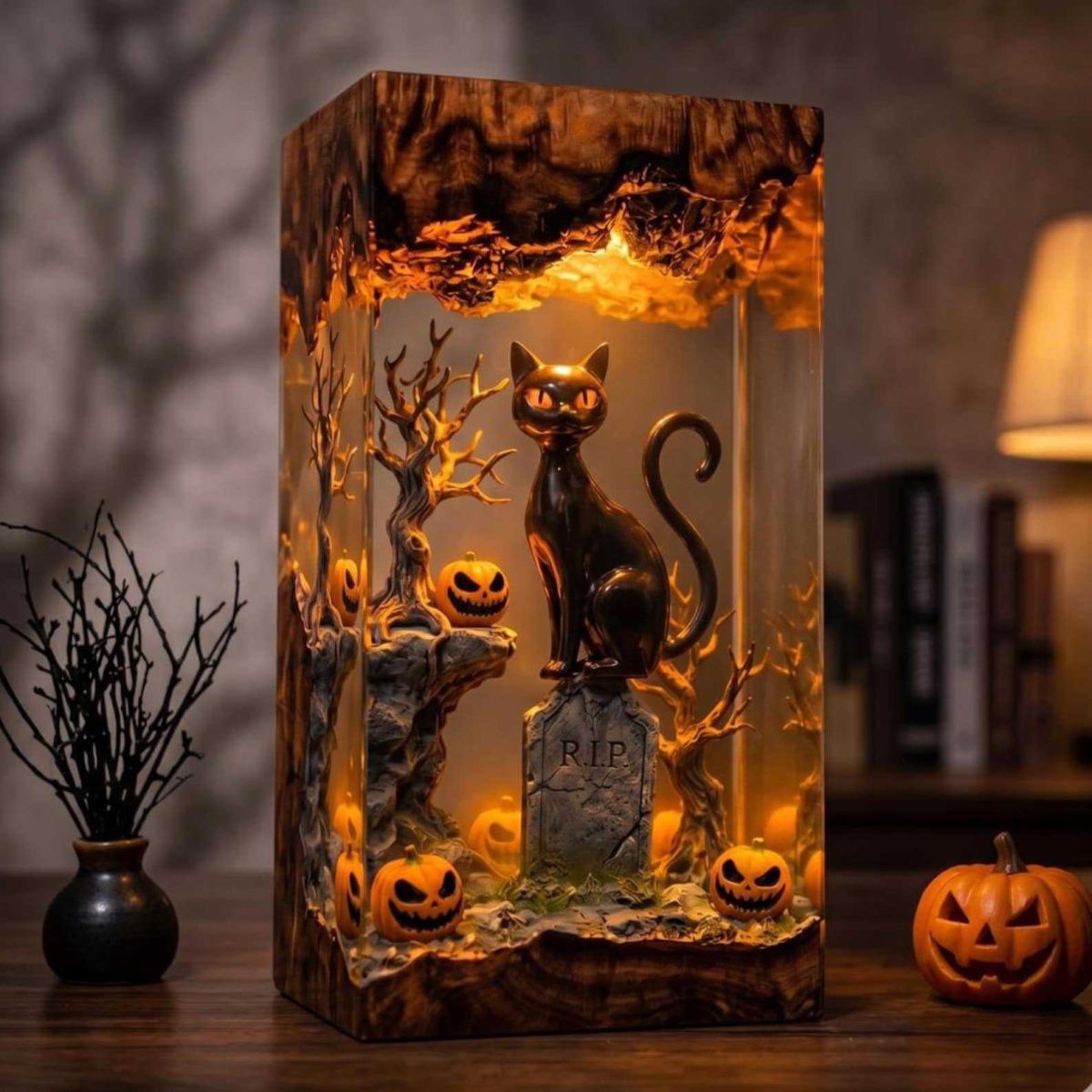 Handmade Gothic Halloween Black Cat Resin Lamp - Spooky Pumpkin & Tombstone Night Light