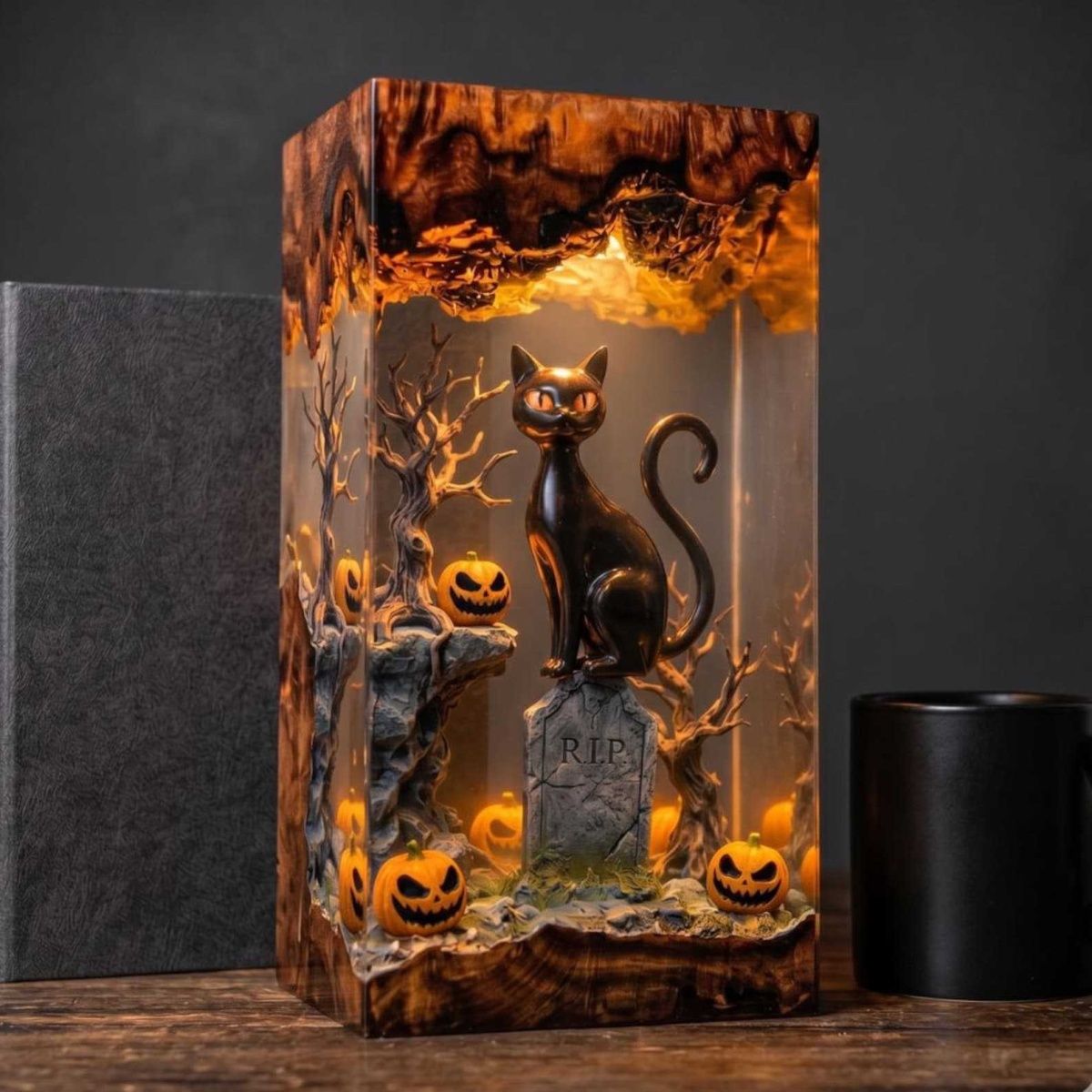 Handmade Gothic Halloween Black Cat Resin Lamp - Spooky Pumpkin & Tombstone Night Light