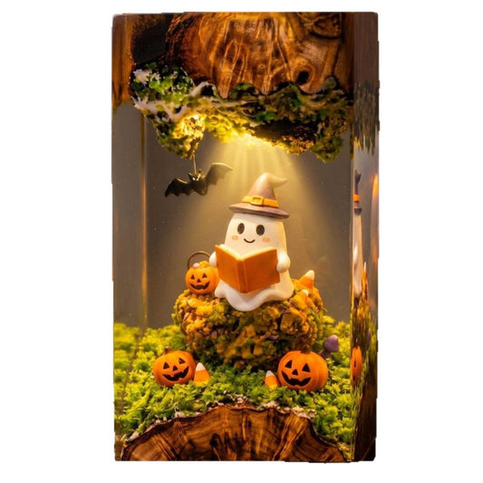 Handmade Ghost Reading on Pumpkin Resin Lamp - Cozy Halloween Night Light & Book Lover Gift