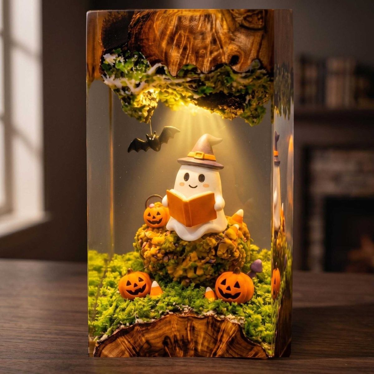 Handmade Ghost Reading on Pumpkin Resin Lamp - Cozy Halloween Night Light & Book Lover Gift