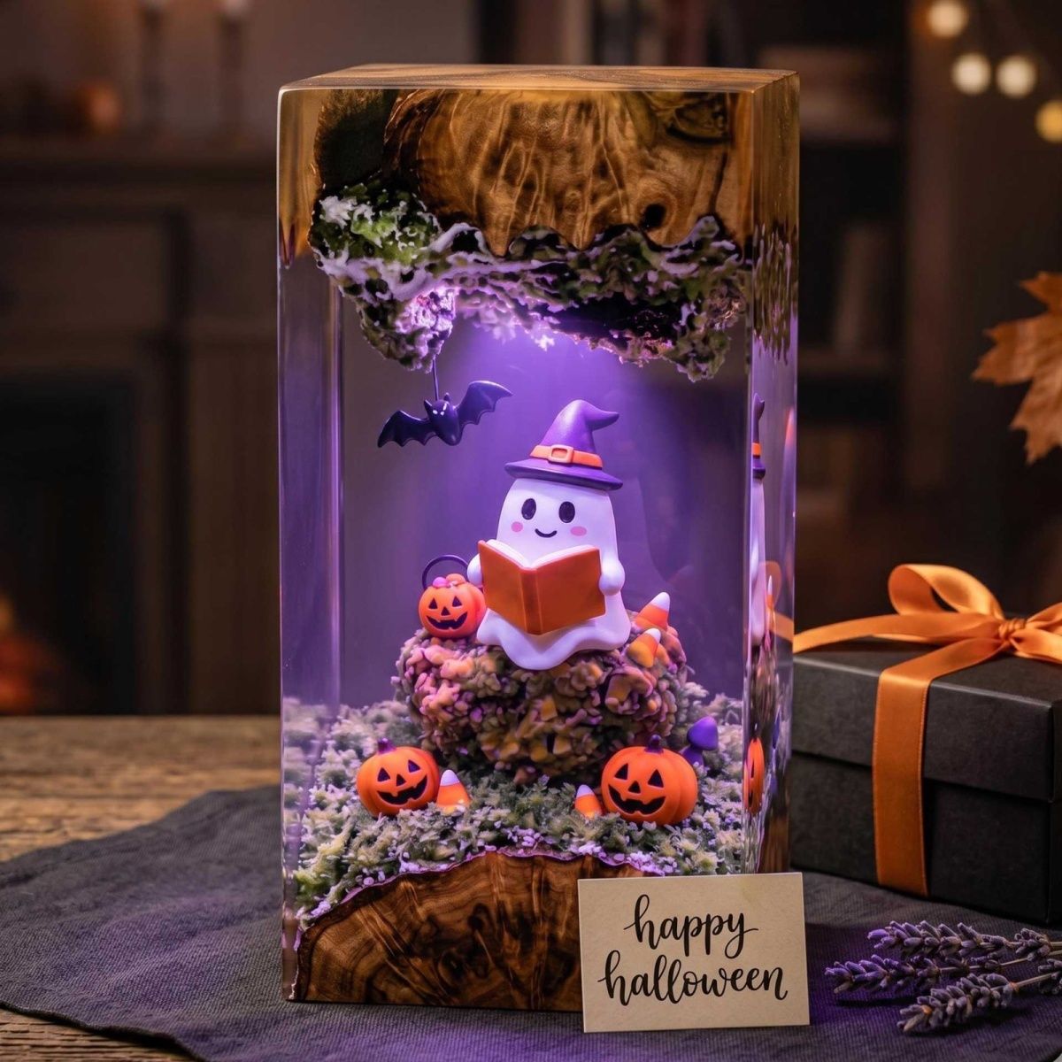 Handmade Ghost Reading on Pumpkin Resin Lamp - Cozy Halloween Night Light & Book Lover Gift