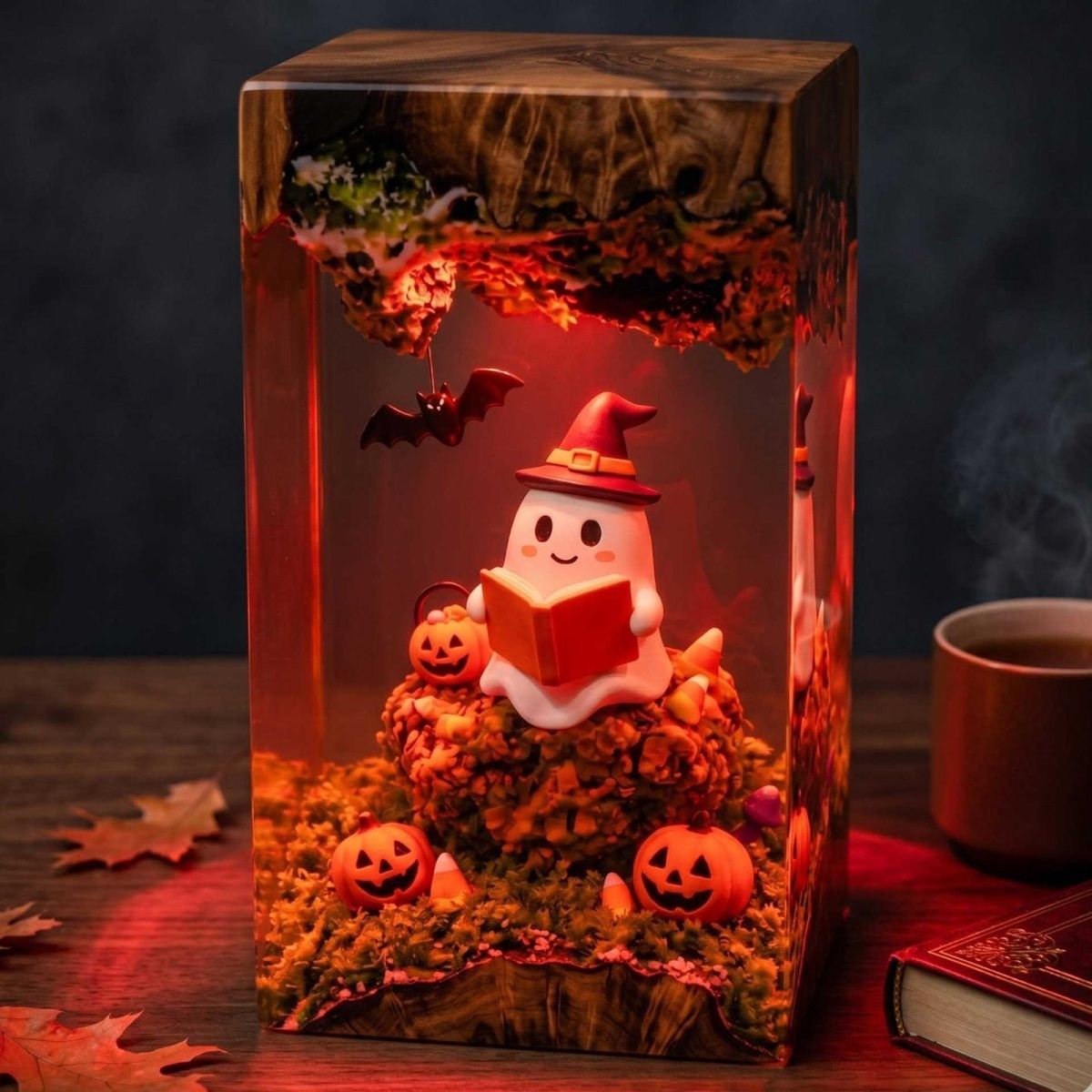 Handmade Ghost Reading on Pumpkin Resin Lamp - Cozy Halloween Night Light & Book Lover Gift