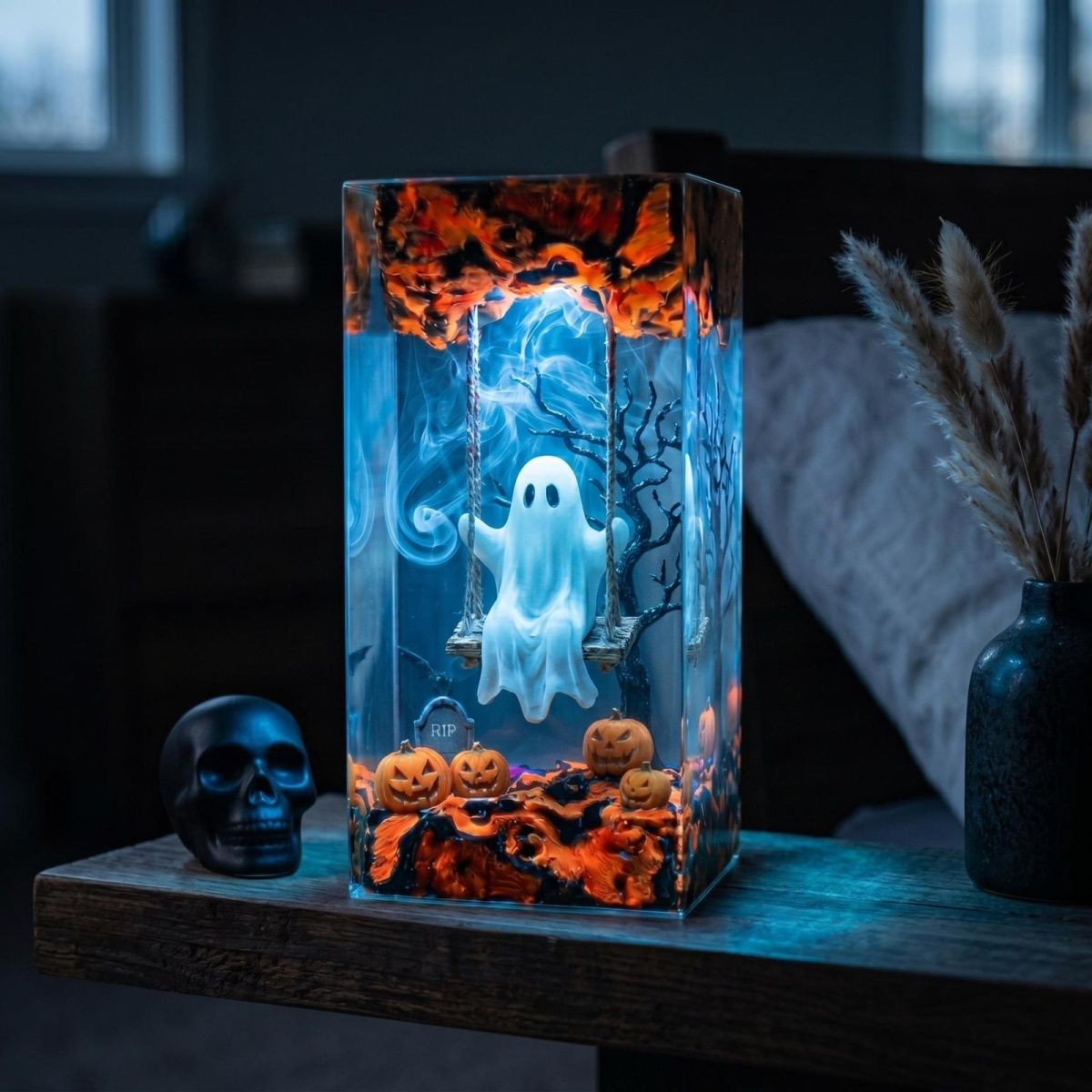 Handmade Swing Ghost Resin Lamp – Cozy Halloween Night Light & Spooky Gift