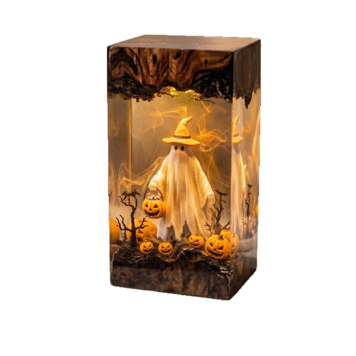 Handmade Trick-or-Treat Witch Ghost Resin Lamp – Spooky Halloween Pumpkin Night Light & Cute Fall Gift
