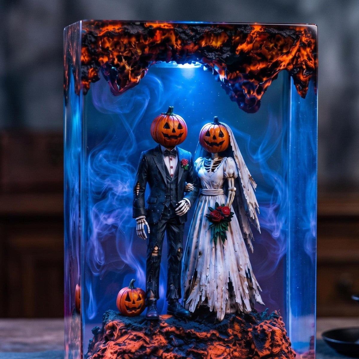 Handmade Gothic Pumpkin Wedding Resin Lamp – Spooky Bride & Groom Night Light, Couple Gift