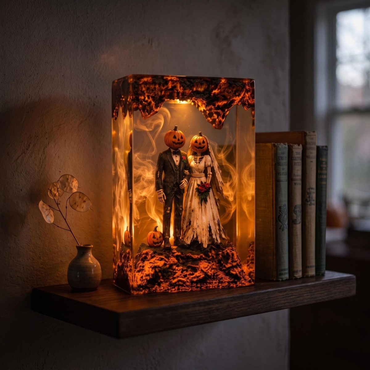Handmade Gothic Pumpkin Wedding Resin Lamp – Spooky Bride & Groom Night Light, Couple Gift