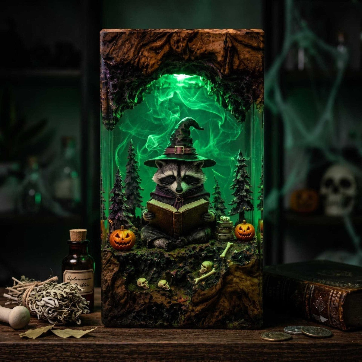 Handmade Wizard Raccoon Reading Resin Lamp – Enchanted Halloween Night Light & Book Lover Gift