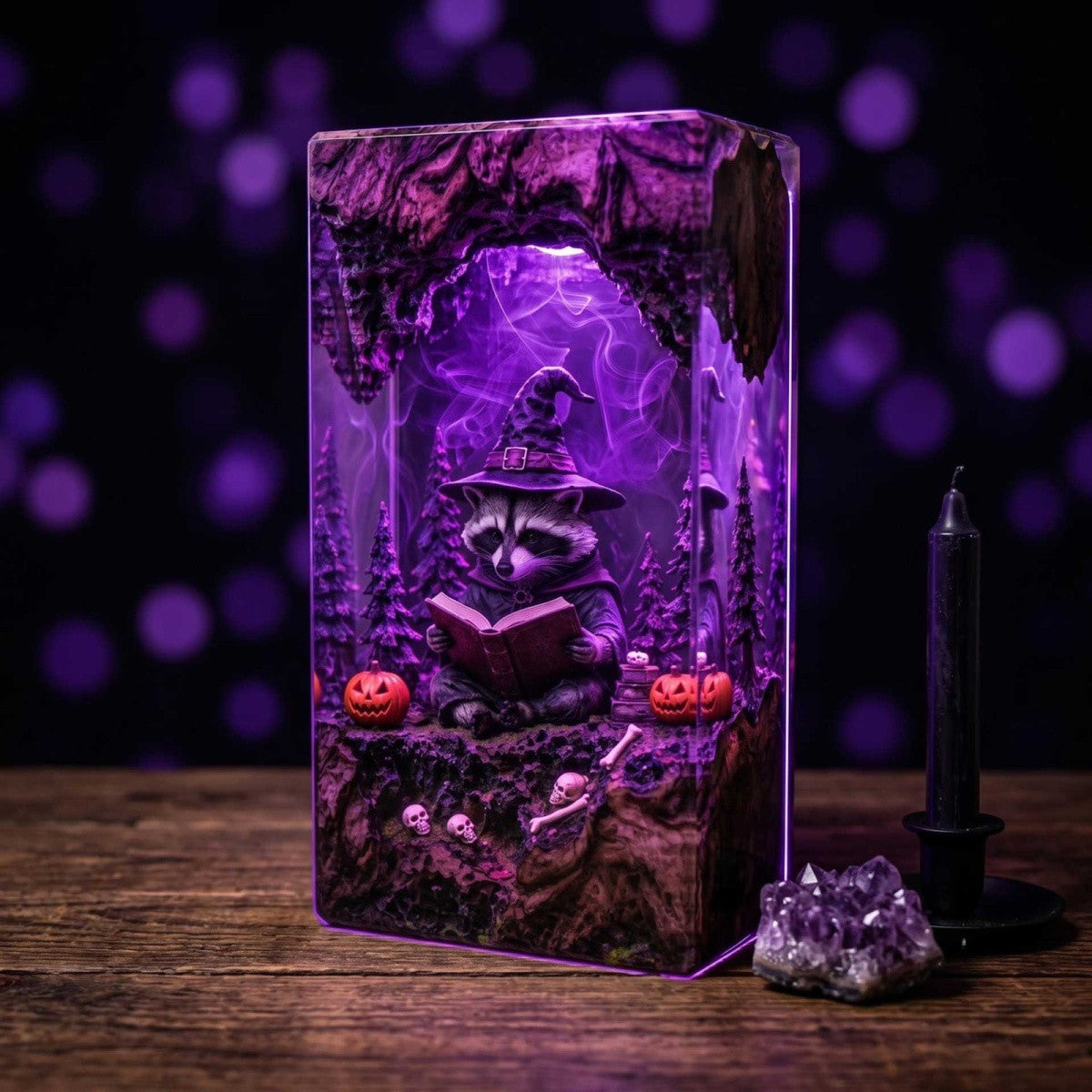 Handmade Wizard Raccoon Reading Resin Lamp – Enchanted Halloween Night Light & Book Lover Gift