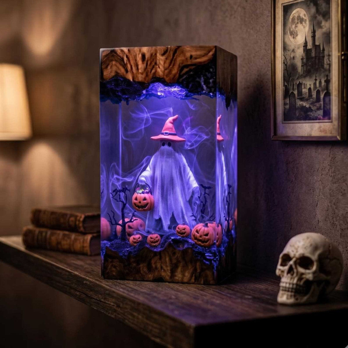 Handmade Trick-or-Treat Witch Ghost Resin Lamp – Spooky Halloween Pumpkin Night Light & Cute Fall Gift