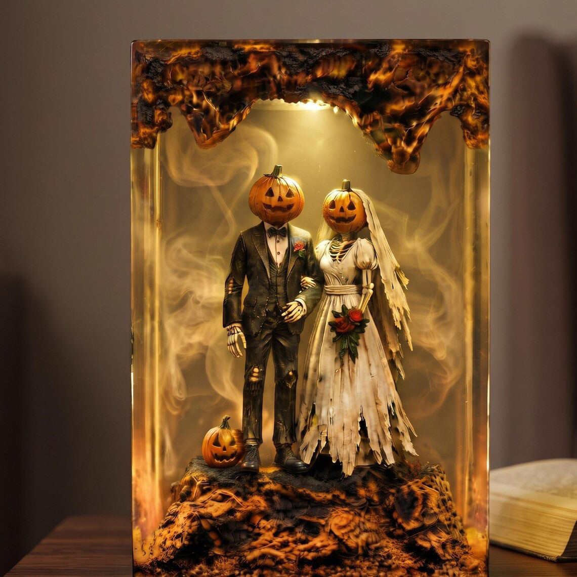 Handmade Gothic Pumpkin Wedding Resin Lamp – Spooky Bride & Groom Night Light, Couple Gift